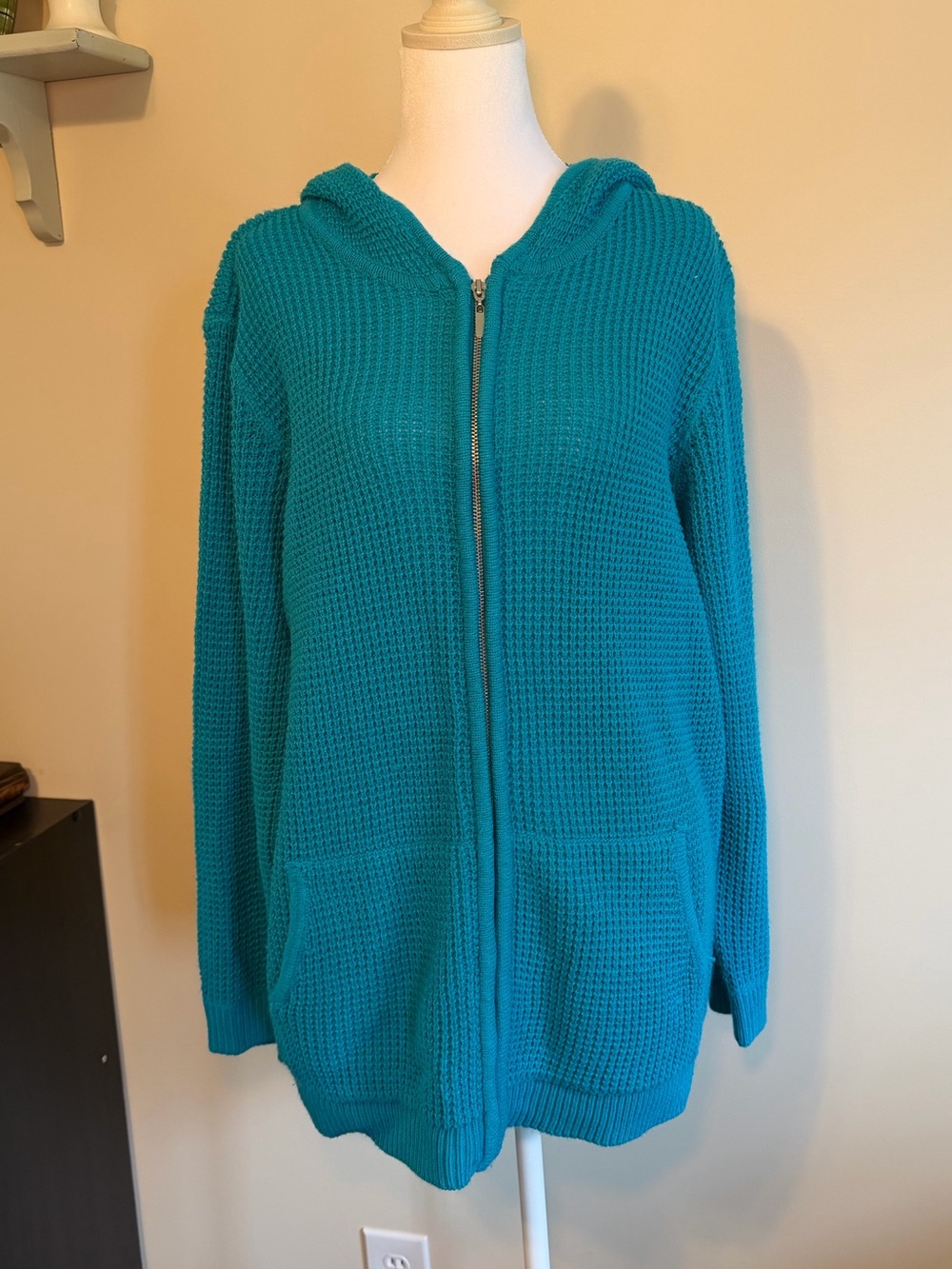 Roaman's Teal Hooded Waffle-Knit Zip Cardigan